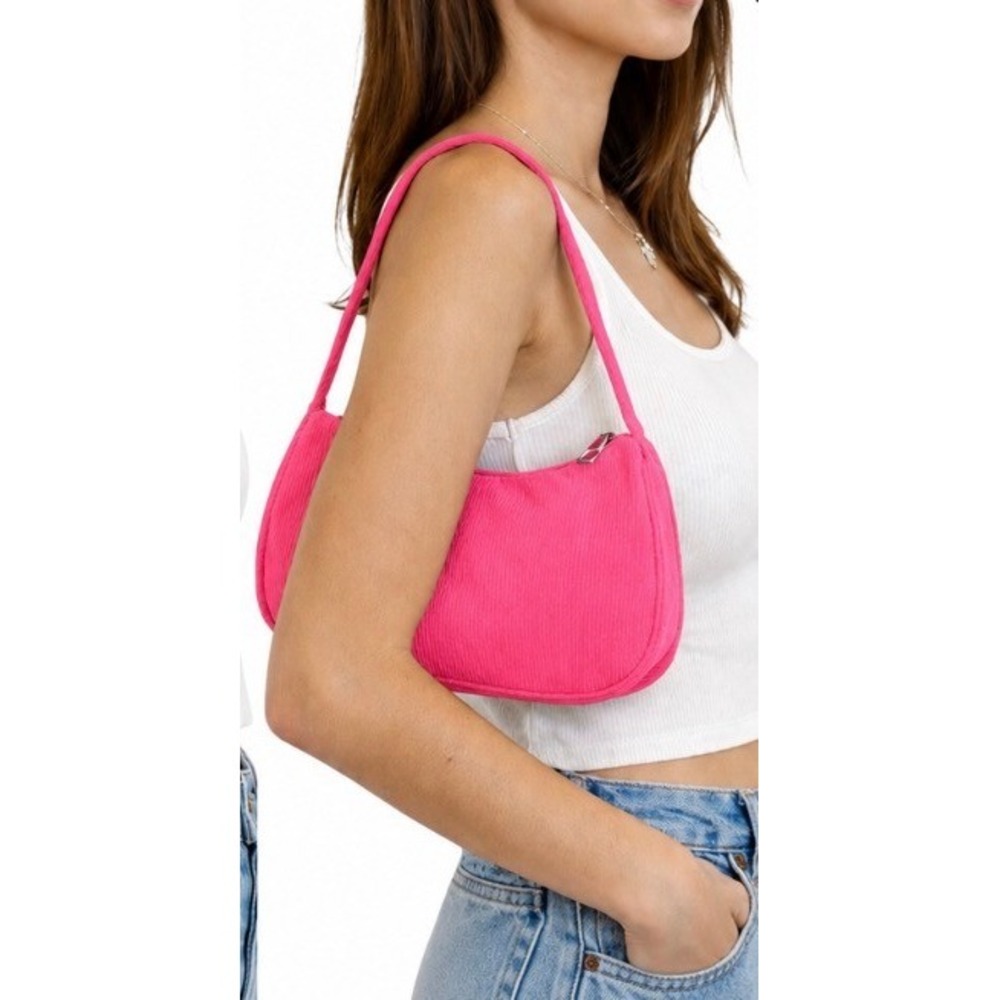 Corduroy Baguette Shoulder Bag Pink Retro Zip Purse Y2K Indie Minimalist Boho